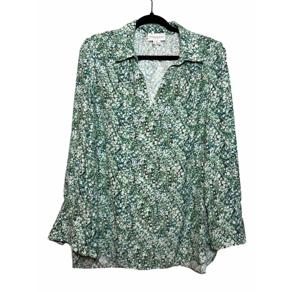 Charlotte Brody Green & White Floral Print Top Long Sleeve Size XL